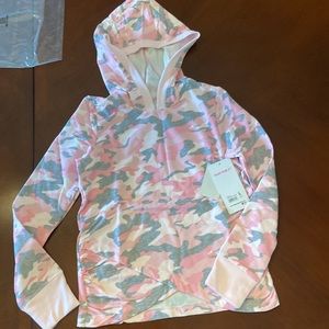 NWT 90 DEGREE GIRLS' TERRY CAMO  CROSSOVER HEM HOODIE CAMO PINK & HEATHER GREY